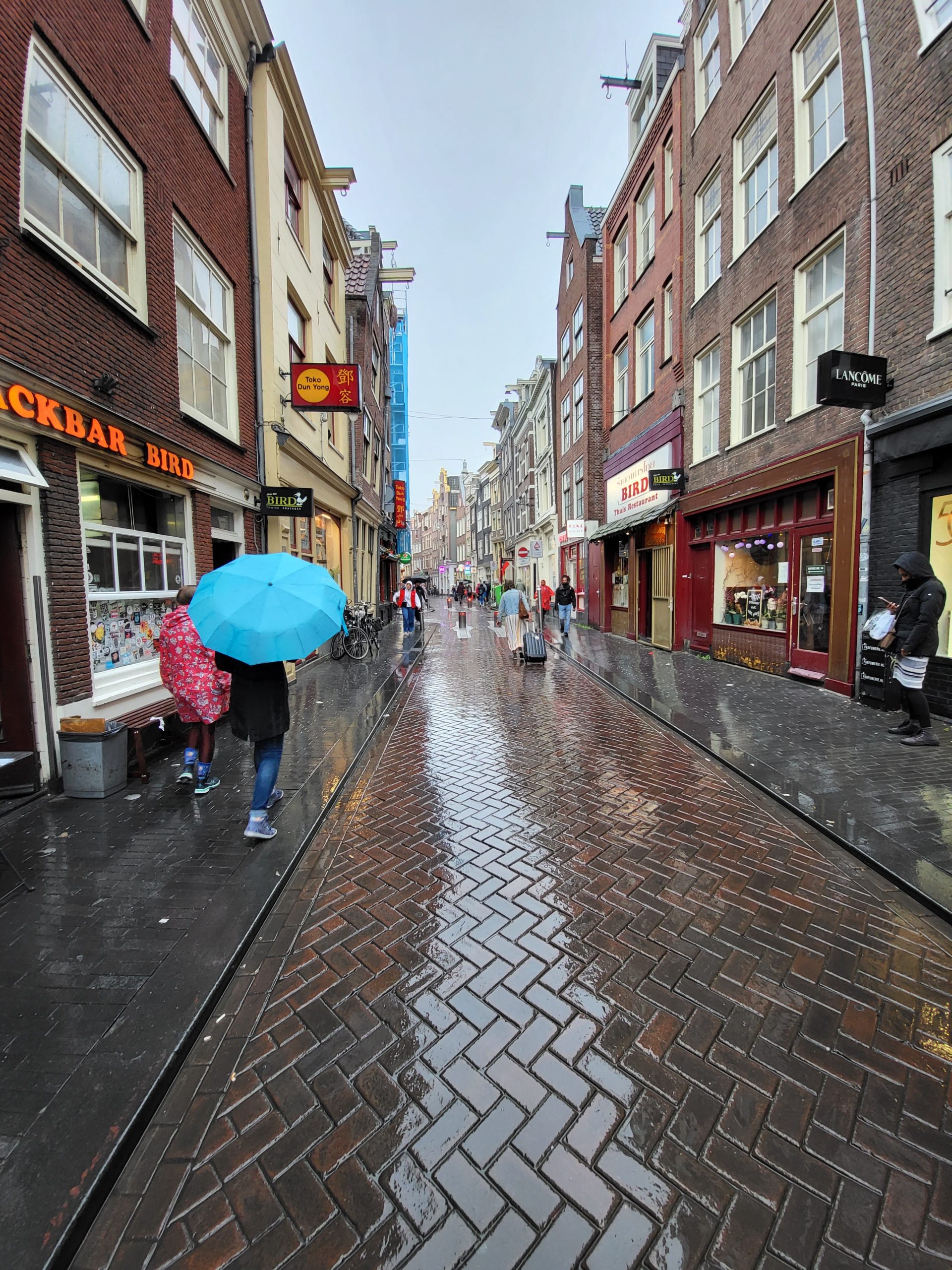 Rainy streets of Amsterdam with blue umbrella