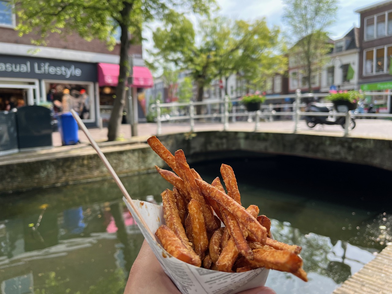 French fries beside a Delft canal in spring