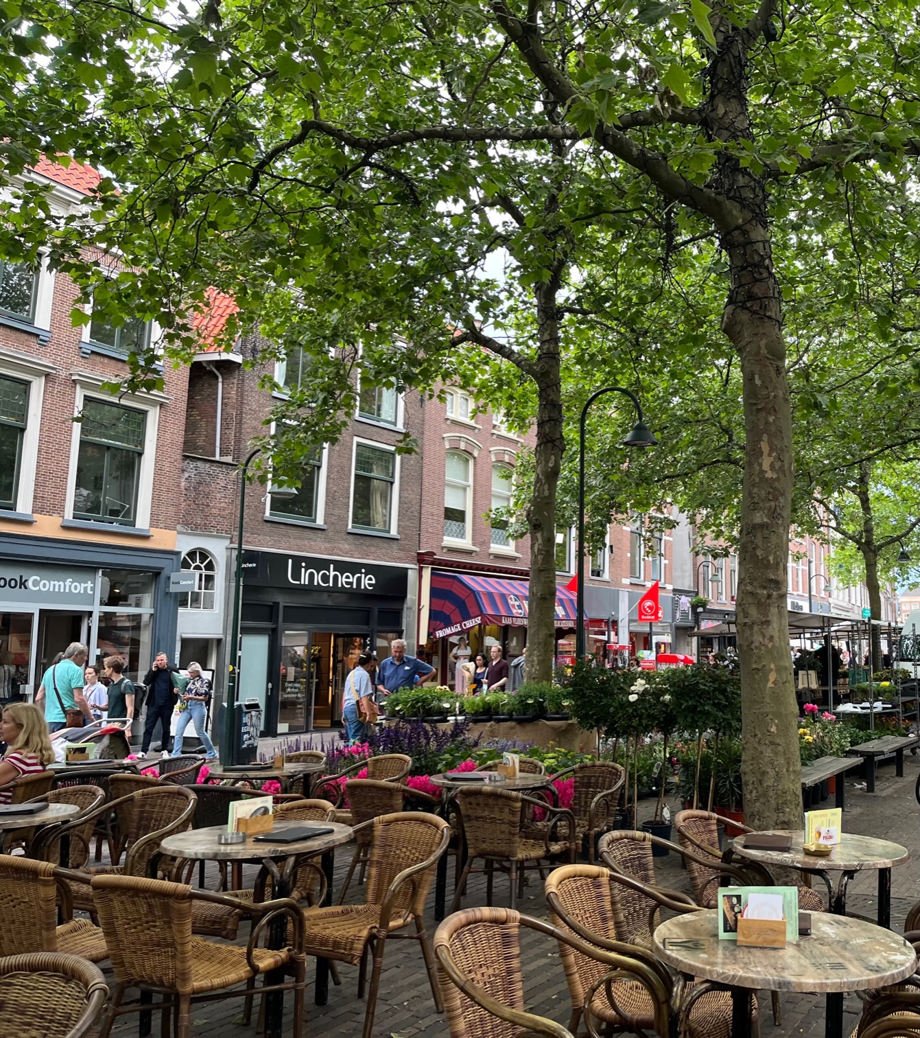 Delft small town square with tables in Netherlands in spring