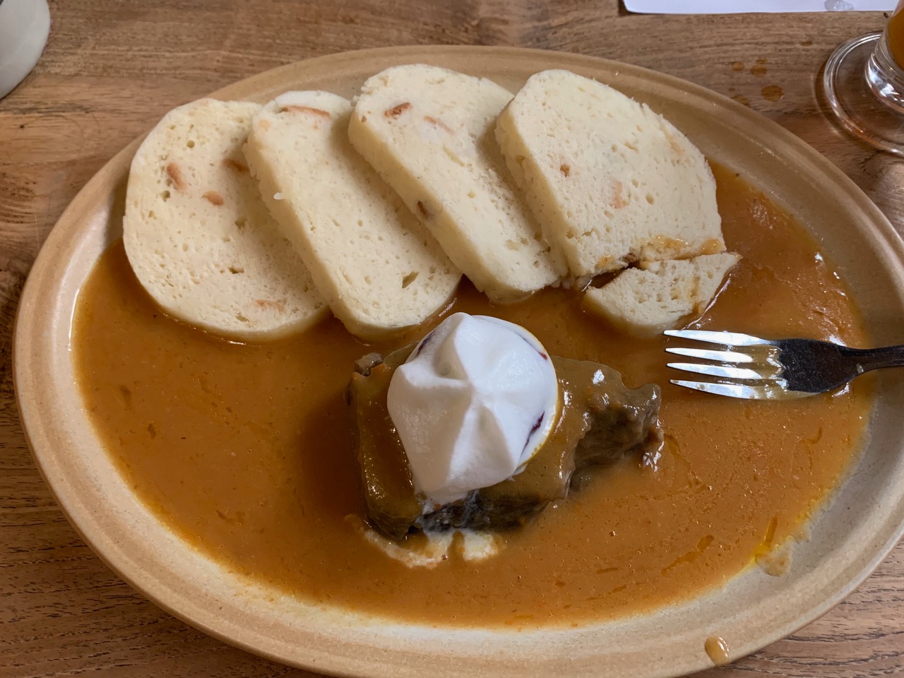 Beef chunks with a vegetable cream sauce and bread dumplings