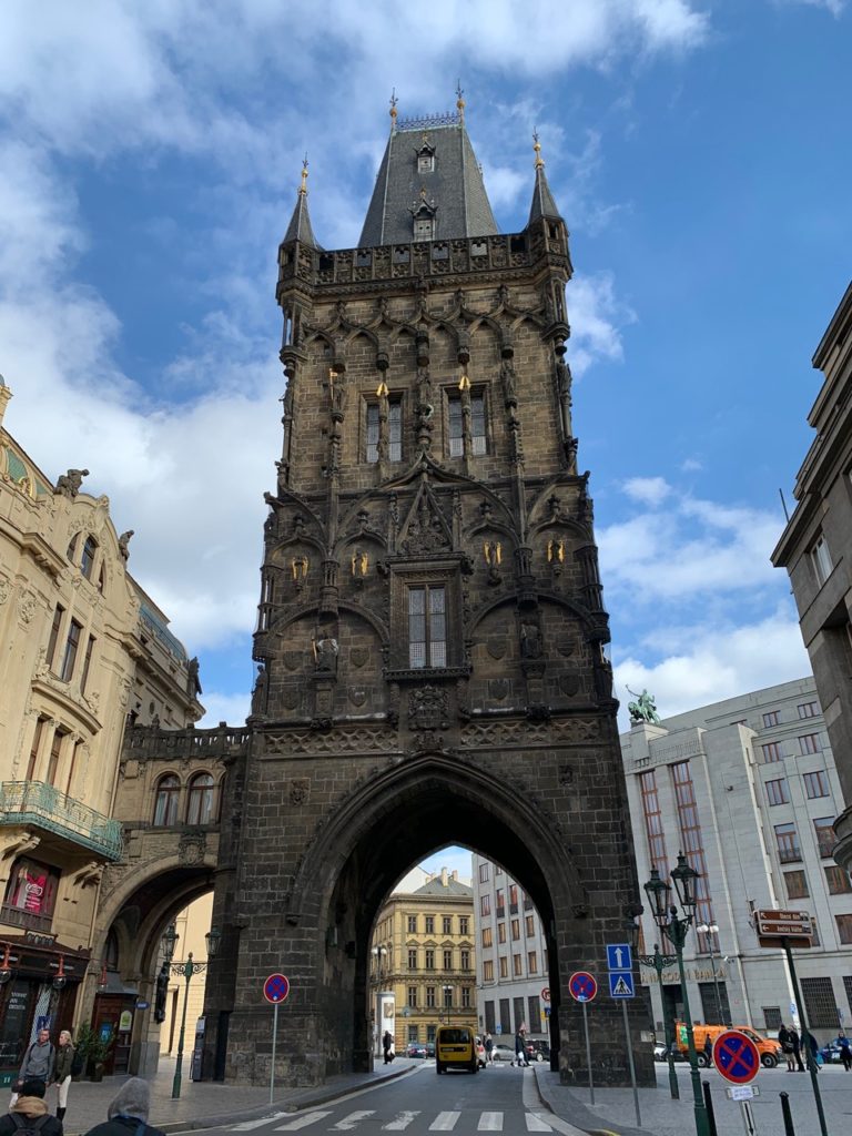 Gunpowder tower in Prague with an arched tunnel to make way for a road