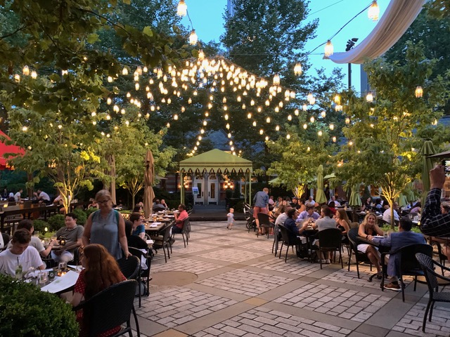Outdoor seating with trees and fairy lights
