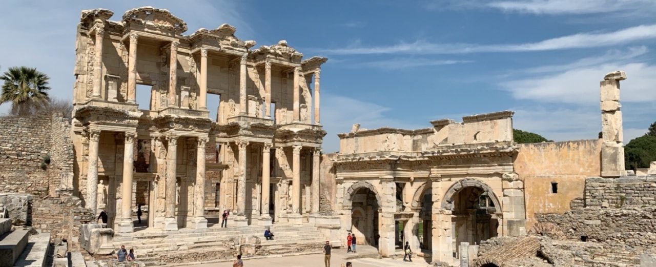 Facade of the library of Celsus at Ephesus reconstructed to be two stories with rows of columns and arches and statues