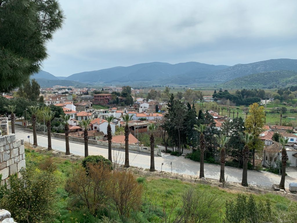 The modern town of Selcuk with red roofs and green trees