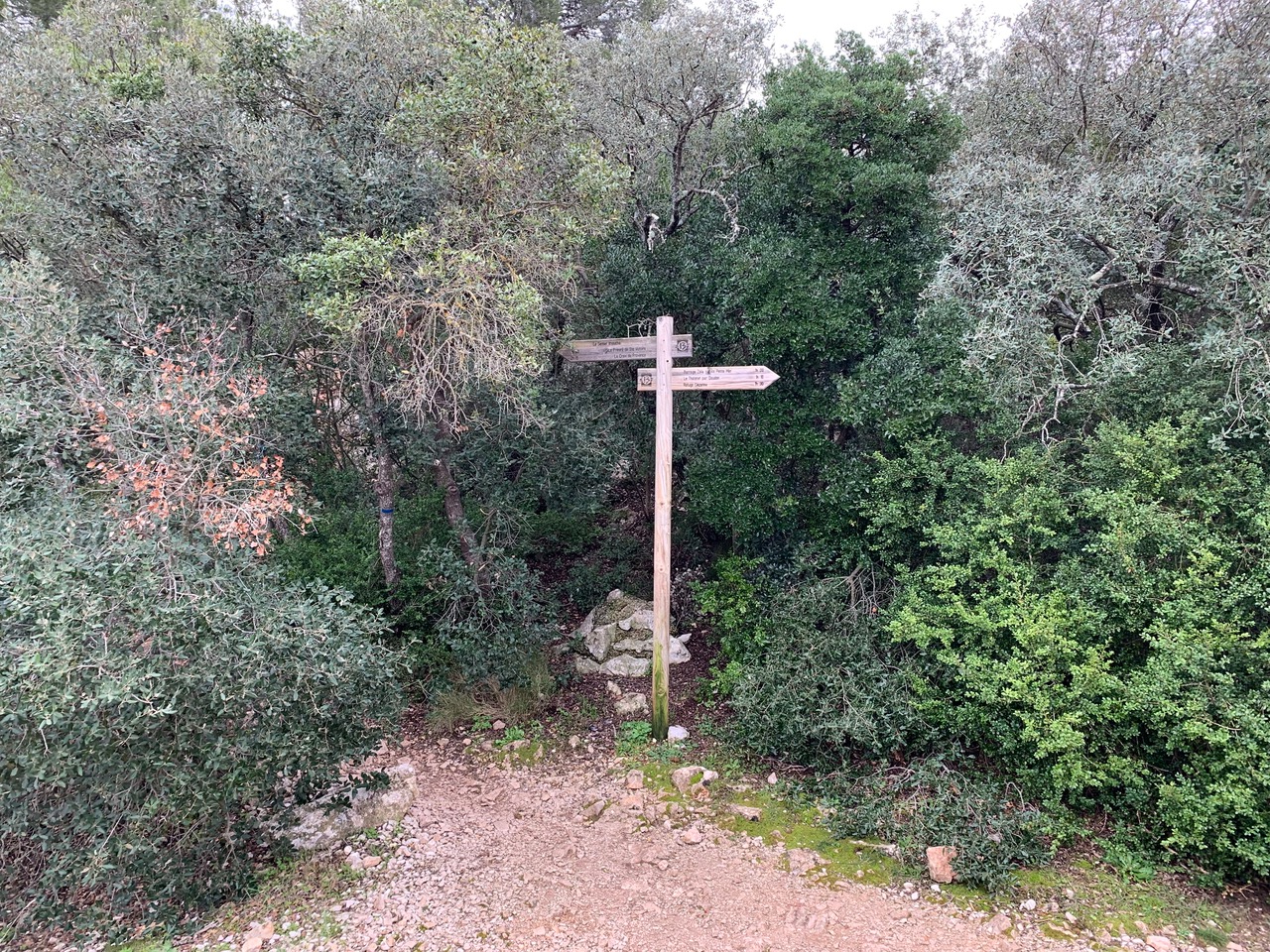Fork in the trail with a sign pointing toward Montagne Sainte-Victoire