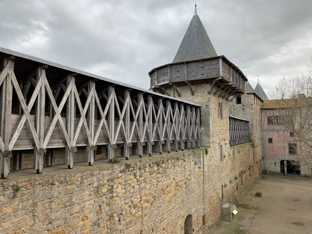 Hoarding atop the walls of the courtyard of Carcassonne castle