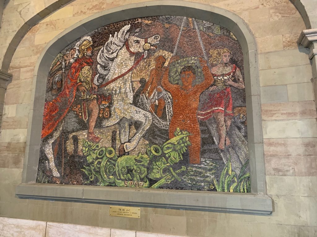 mosaic art of Julius Caesar on a white horse