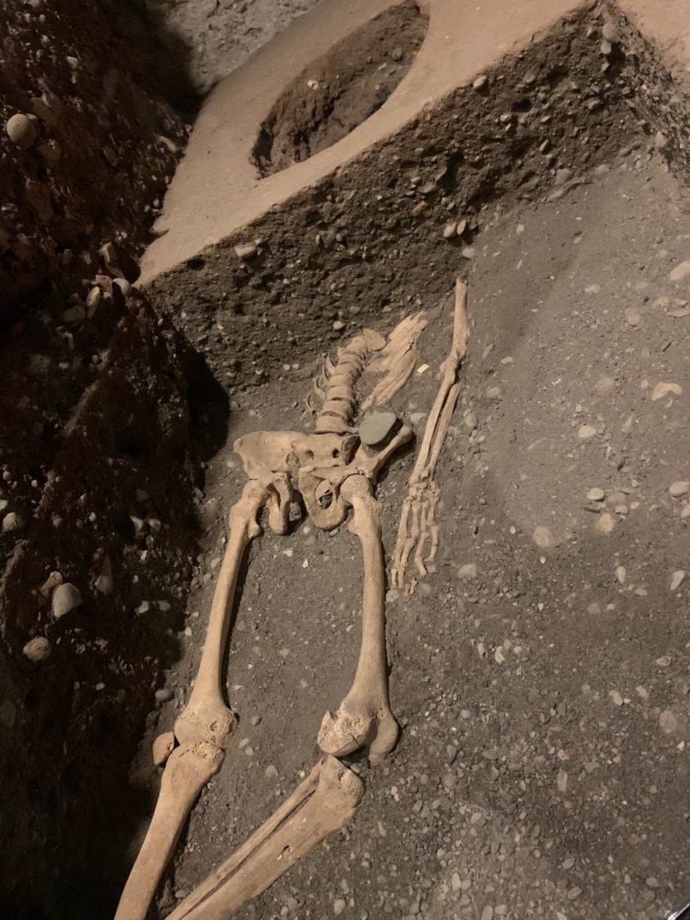 Skeleton in loose dirt with a circular hole where the head should be