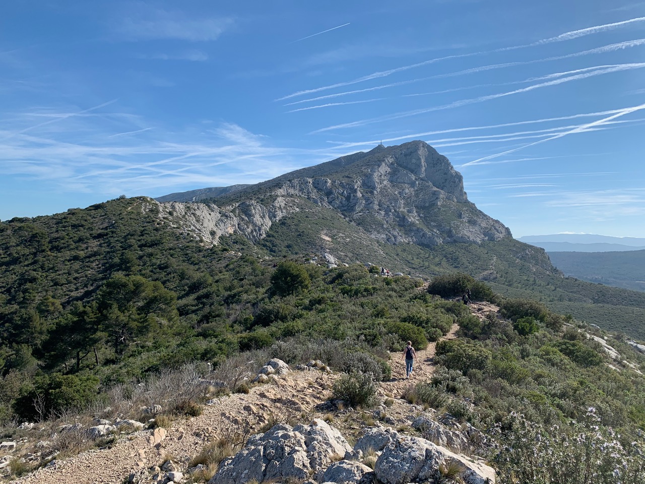 A far away view of Montagne Sainte-Victoire on a blue-sky day