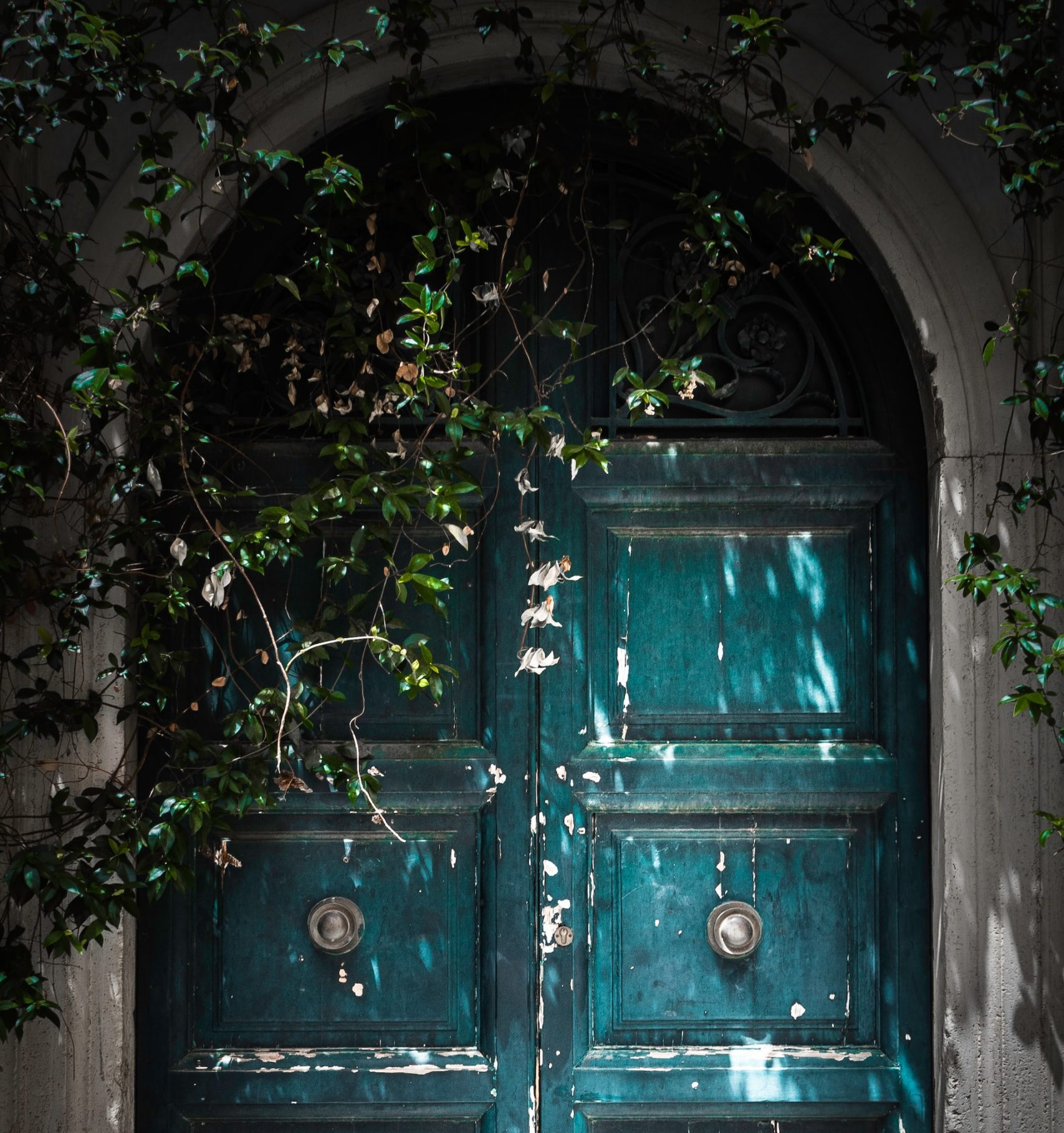blue arched door with vines