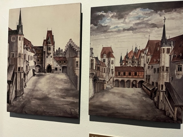 Two paintings of a medieval castle with towers, turrets, and red roofs