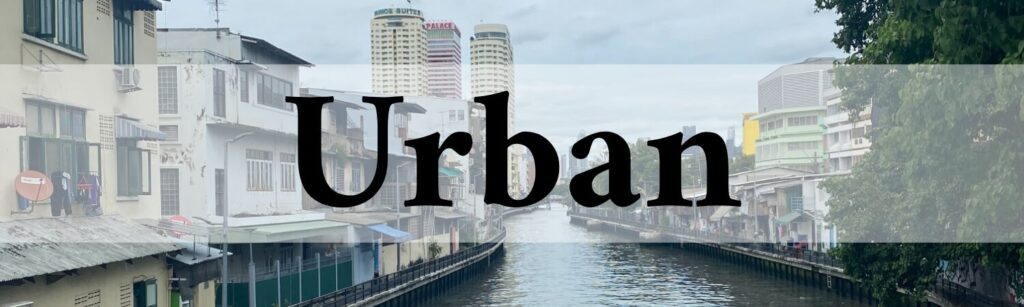 Canal through a city with skyscrapers behind and a grey sky overlaid with word urban